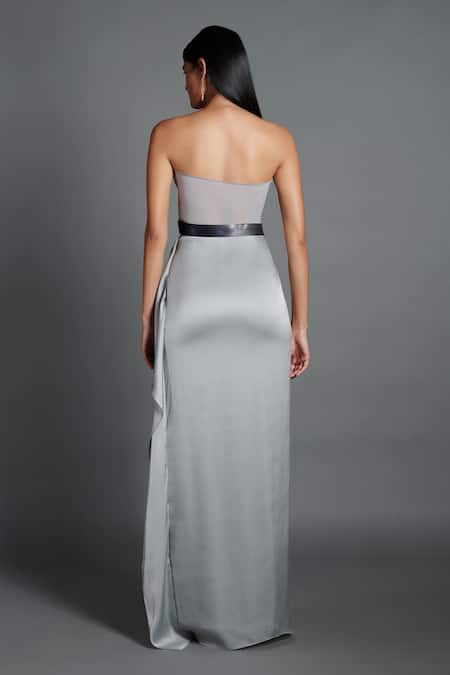 Shop Amit Aggarwal Grey Crinkled Chiffon, Satin Lycra Metallic Draped Bandeau Gown at Aza Fashions Shop_Amit Aggarwal_Grey Crinkled Chiffon, Satin Lycra Metallic Draped Bandeau Gown _at_Aza_Fashions