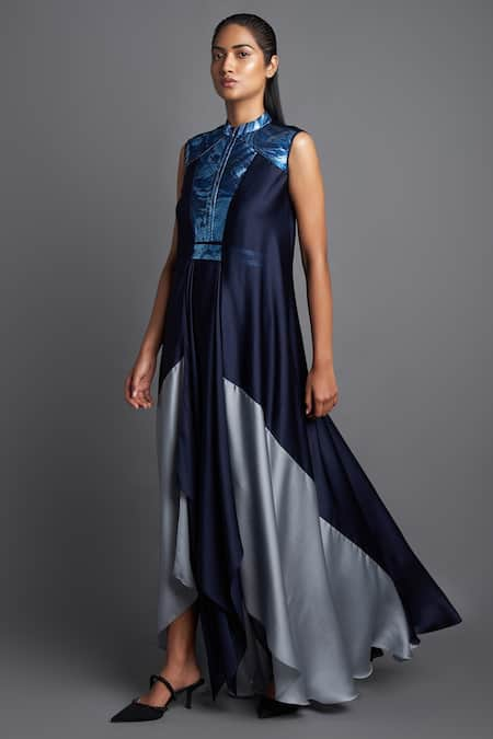 Amit Aggarwal Blue Chiffon Marble Mandarin Collar Metallic Pattern Dress  