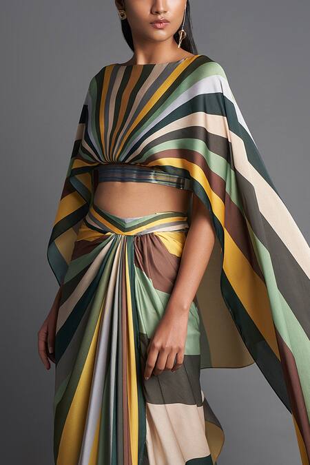 Amit Aggarwal_Multi Color Chiffon Straight Metallic Top And Draped Pant Set_Online_at_Aza_Fashions