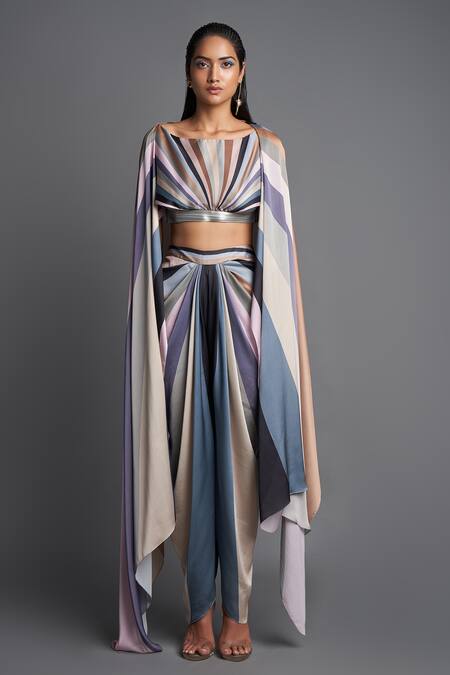 Amit Aggarwal_Multi Color Chiffon Boat Cape Top And Draped Pant Set_Online_at_Aza_Fashions