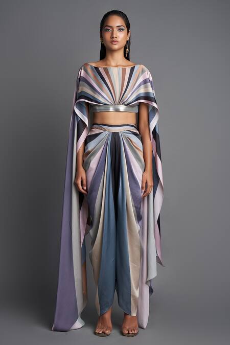 Buy_Amit Aggarwal_Multi Color Chiffon Boat Cape Top And Draped Pant Set_Online_at_Aza_Fashions