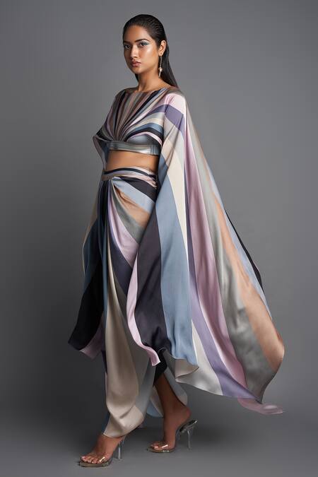 Shop_Amit Aggarwal_Multi Color Chiffon Boat Cape Top And Draped Pant Set_Online_at_Aza_Fashions