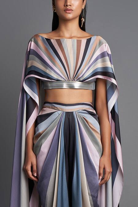 Amit Aggarwal_Multi Color Chiffon Boat Cape Top And Draped Pant Set_at_Aza_Fashions