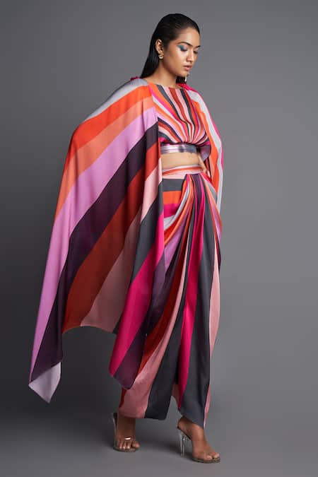 Amit Aggarwal Pink Chiffon Boat Colorblock Cape And Draped Pant Set Online at Aza Fashions Amit Aggarwal_Pink Chiffon Boat Colorblock Cape And Draped Pant Set_Online_at_Aza_Fashions