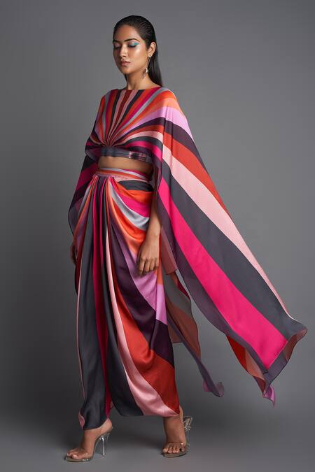 Buy Amit Aggarwal Pink Chiffon Boat Colorblock Cape And Draped Pant Set Online at Aza Fashions Buy_Amit Aggarwal_Pink Chiffon Boat Colorblock Cape And Draped Pant Set_Online_at_Aza_Fashions