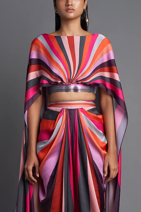Shop Amit Aggarwal Pink Chiffon Boat Colorblock Cape And Draped Pant Set Online at Aza Fashions Shop_Amit Aggarwal_Pink Chiffon Boat Colorblock Cape And Draped Pant Set_Online_at_Aza_Fashions