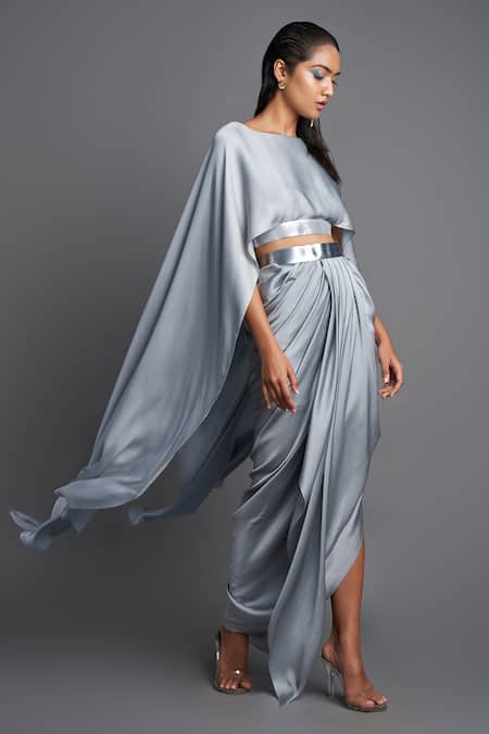 Amit Aggarwal Grey Chiffon Boat Metallic Top And Draped Skirt Set Online at Aza Fashions Amit Aggarwal_Grey Chiffon Boat Metallic Top And Draped Skirt Set _Online_at_Aza_Fashions