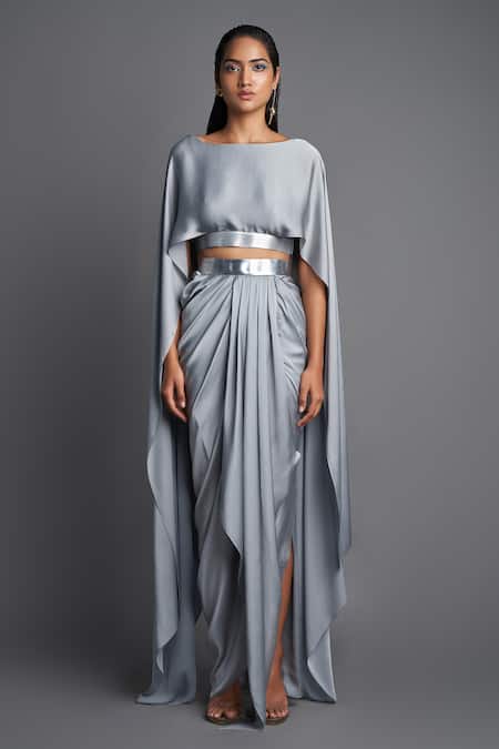 Buy Amit Aggarwal Grey Chiffon Boat Metallic Top And Draped Skirt Set Online at Aza Fashions Buy_Amit Aggarwal_Grey Chiffon Boat Metallic Top And Draped Skirt Set _Online_at_Aza_Fashions