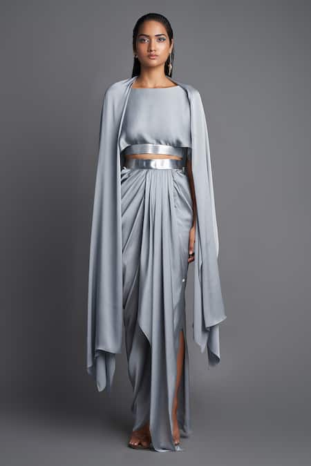 Shop Amit Aggarwal Grey Chiffon Boat Metallic Top And Draped Skirt Set Online at Aza Fashions Shop_Amit Aggarwal_Grey Chiffon Boat Metallic Top And Draped Skirt Set _Online_at_Aza_Fashions