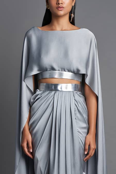 Amit Aggarwal Grey Chiffon Boat Metallic Top And Draped Skirt Set at Aza Fashions Amit Aggarwal_Grey Chiffon Boat Metallic Top And Draped Skirt Set _at_Aza_Fashions