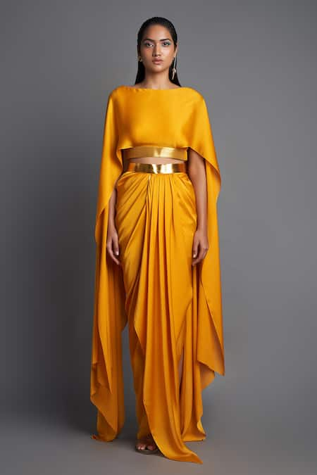 Amit Aggarwal Yellow Chiffon Plain Boat Cape Top And Draped Skirt Set 