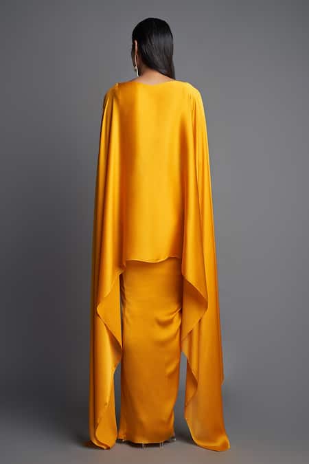 Shop Amit Aggarwal Yellow Chiffon Boat Cape Top And Draped Skirt Set at Aza Fashions Shop_Amit Aggarwal_Yellow Chiffon Boat Cape Top And Draped Skirt Set _at_Aza_Fashions