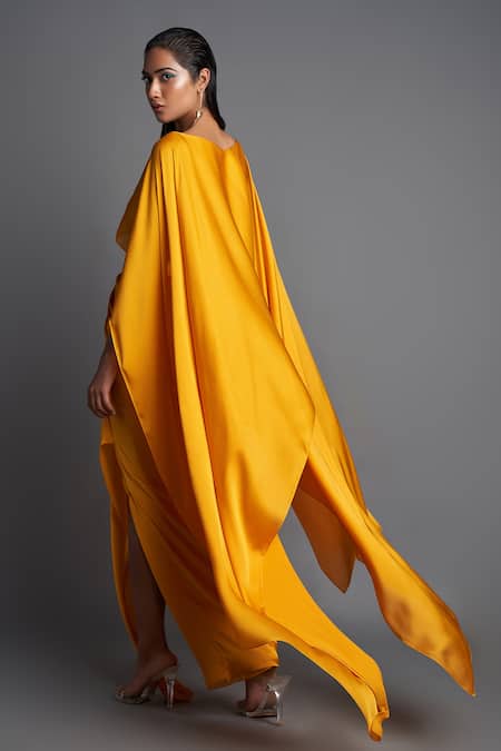 Amit Aggarwal Yellow Chiffon Boat Cape Top And Draped Skirt Set Online at Aza Fashions Amit Aggarwal_Yellow Chiffon Boat Cape Top And Draped Skirt Set _Online_at_Aza_Fashions