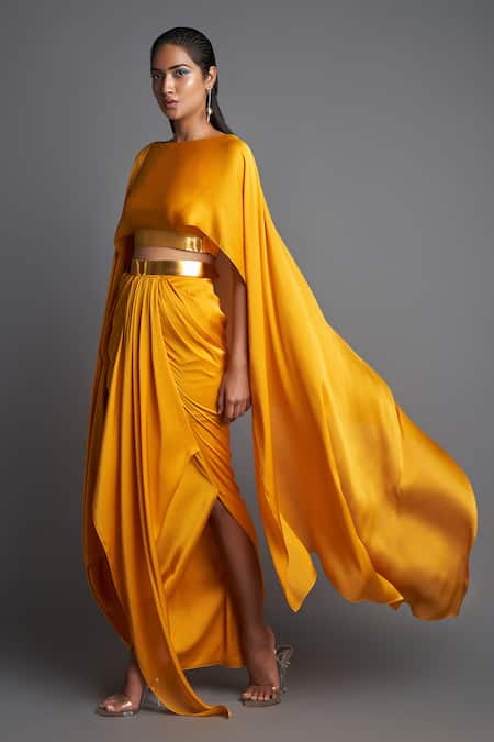 Buy Amit Aggarwal Yellow Chiffon Boat Cape Top And Draped Skirt Set Online at Aza Fashions Buy_Amit Aggarwal_Yellow Chiffon Boat Cape Top And Draped Skirt Set _Online_at_Aza_Fashions