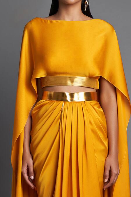 Shop Amit Aggarwal Yellow Chiffon Boat Cape Top And Draped Skirt Set Online at Aza Fashions Shop_Amit Aggarwal_Yellow Chiffon Boat Cape Top And Draped Skirt Set _Online_at_Aza_Fashions