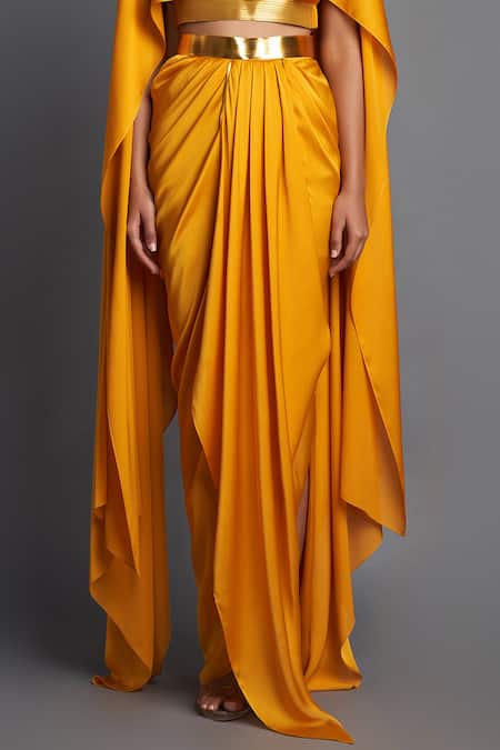 Amit Aggarwal Yellow Chiffon Boat Cape Top And Draped Skirt Set at Aza Fashions Amit Aggarwal_Yellow Chiffon Boat Cape Top And Draped Skirt Set _at_Aza_Fashions