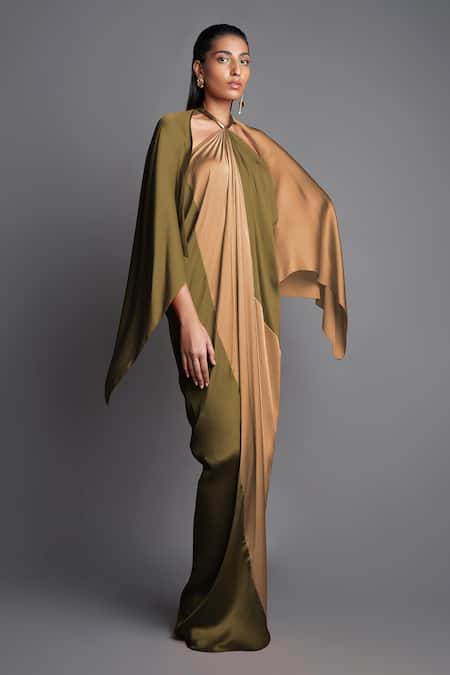 Amit Aggarwal Beige Chiffon Plain Halter Draped Dress