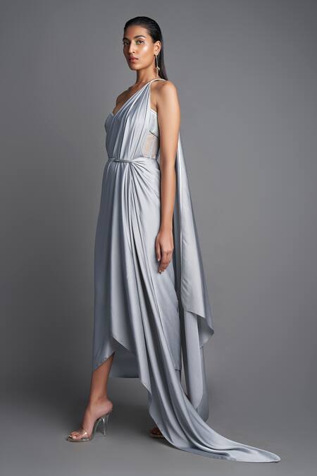 Amit Aggarwal_Grey Chiffon Sweetheart Neck Pre-draped Saree With Bustier_Online_at_Aza_Fashions