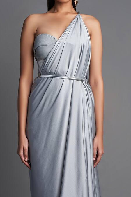 Buy_Amit Aggarwal_Grey Chiffon Sweetheart Neck Pre-draped Saree With Bustier_Online_at_Aza_Fashions