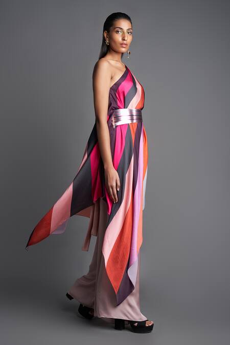 Amit Aggarwal_Pink Chiffon One Shoulder Asymmetric Draped Top _Online_at_Aza_Fashions