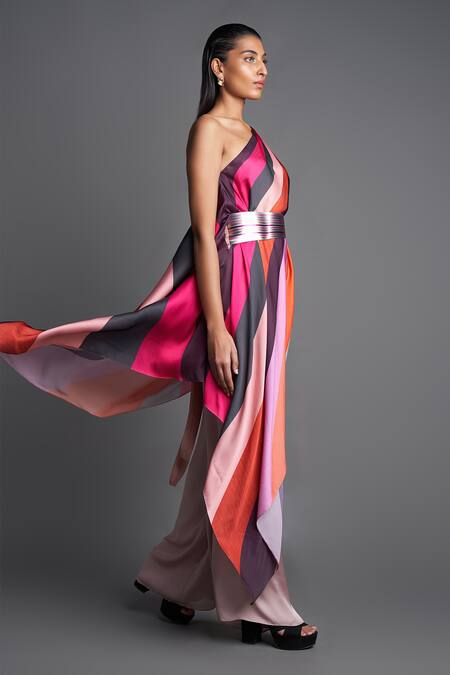 Buy_Amit Aggarwal_Pink Chiffon One Shoulder Asymmetric Draped Top _Online_at_Aza_Fashions