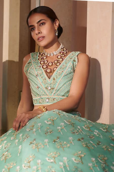 Shop Sahil Kochhar Blue Silk Organza V Neck Aakash Bridal Lehenga Set at Aza Fashions Shop_Sahil Kochhar_Blue Silk Organza V Neck Aakash Bridal Lehenga Set _at_Aza_Fashions