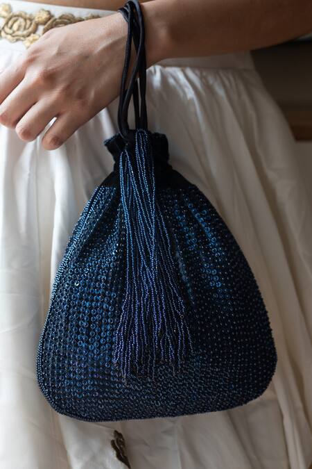 Aamli_Blue Embellished Aadrika Bead Potli _Online_at_Aza_Fashions