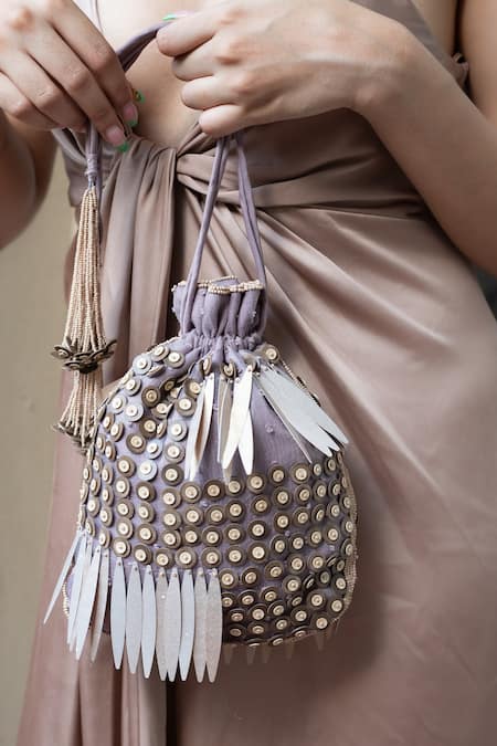 Buy_Aamli_Beige Embellished Bead Silk Organza Potli _Online_at_Aza_Fashions