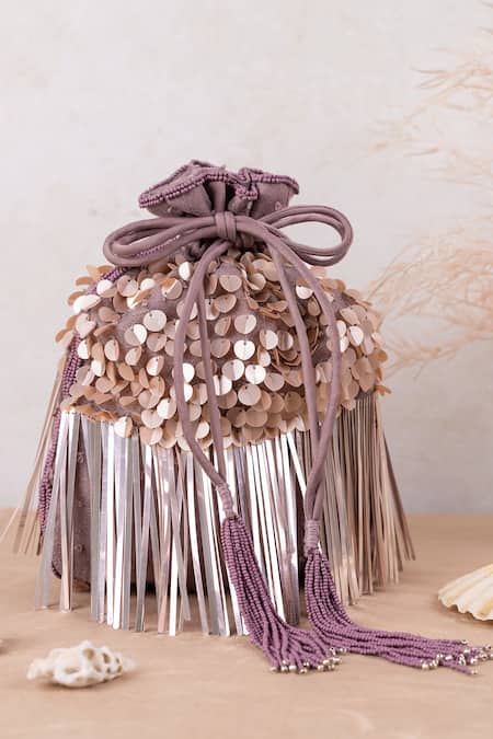 Aamli_Grey Embellished Vrinda Metallic Potli _Online_at_Aza_Fashions