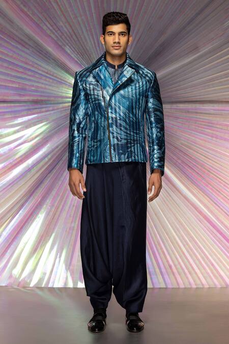 Amit Aggarwal_Blue Mesh Fabric Handwoven Marbled Bomber Jacket Set _Online_at_Aza_Fashions