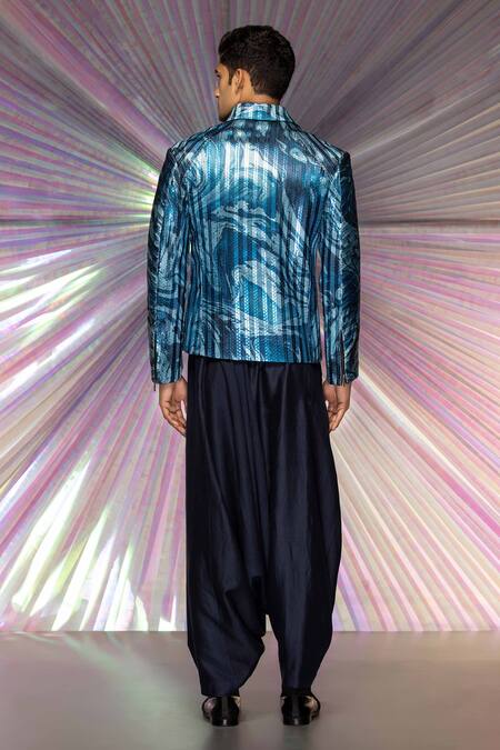 Shop_Amit Aggarwal_Blue Mesh Fabric Handwoven Marbled Bomber Jacket Set _at_Aza_Fashions