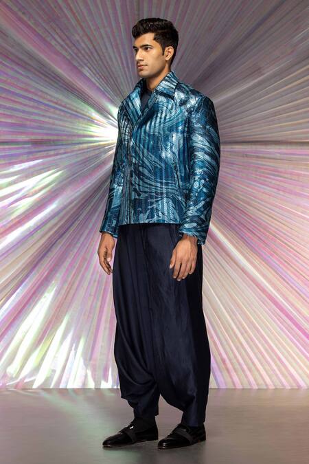 Buy_Amit Aggarwal_Blue Mesh Fabric Handwoven Marbled Bomber Jacket Set _Online_at_Aza_Fashions