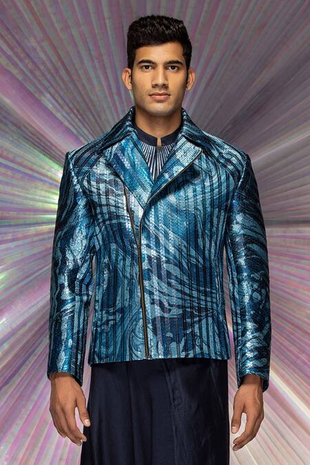 Shop_Amit Aggarwal_Blue Mesh Fabric Handwoven Marbled Bomber Jacket Set _Online_at_Aza_Fashions