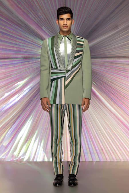 Amit Aggarwal_Green Satin Crepe Striped Starburst Metallic Tuxedo And Pant Set _Online_at_Aza_Fashions
