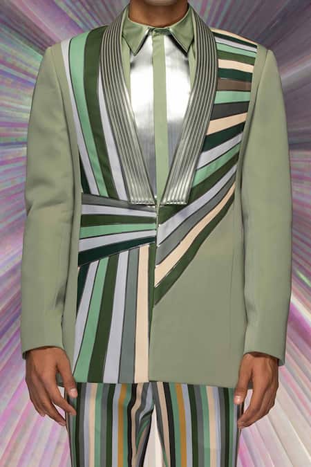 Buy_Amit Aggarwal_Green Satin Crepe Striped Starburst Metallic Tuxedo And Pant Set _Online_at_Aza_Fashions