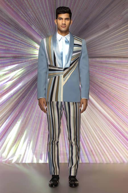 Amit Aggarwal_Grey Satin Crepe Striped Starburst Metallic Tuxedo And Pant Set_Online_at_Aza_Fashions