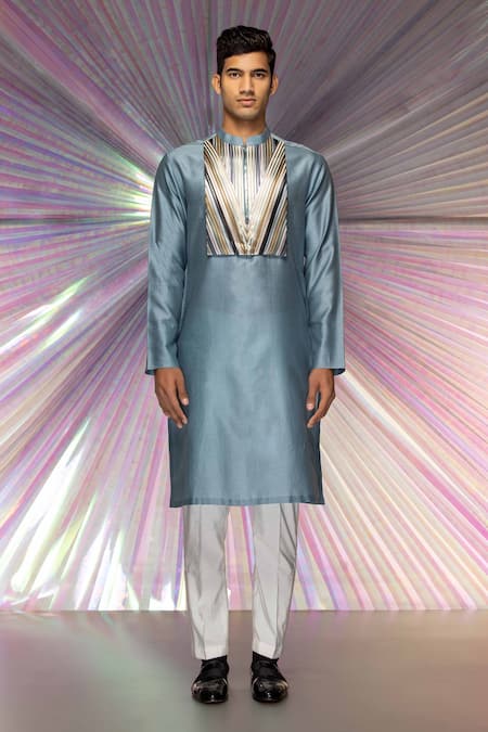 Amit Aggarwal Grey Fabric Structured Metallic Yoke Kurta 