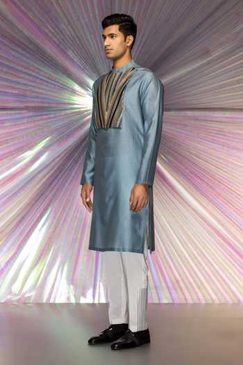 Amit Aggarwal_Grey Silk Chanderi, Fabric Structured Metallic Yoke Kurta_Online_at_Aza_Fashions