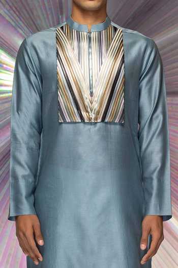Buy_Amit Aggarwal_Grey Silk Chanderi, Fabric Structured Metallic Yoke Kurta_Online_at_Aza_Fashions