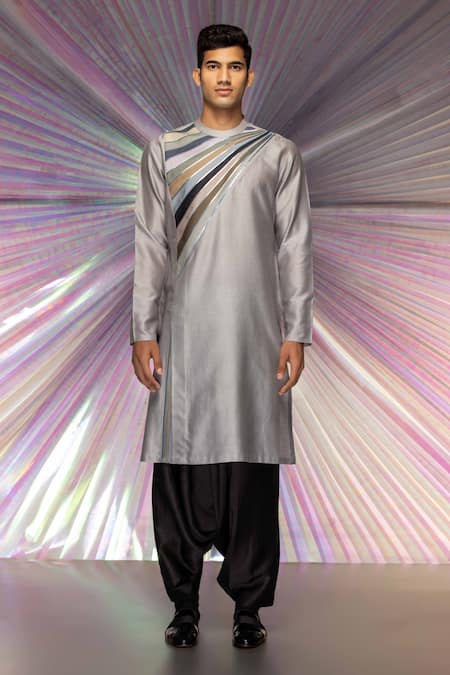 Amit Aggarwal Grey Silk Chanderi Striped Metallic Starburst Yoke Kurta  