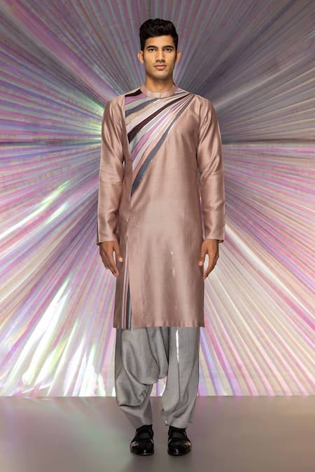 Amit Aggarwal Pink Silk Chanderi Striped Metallic Starburst Yoke Kurta  