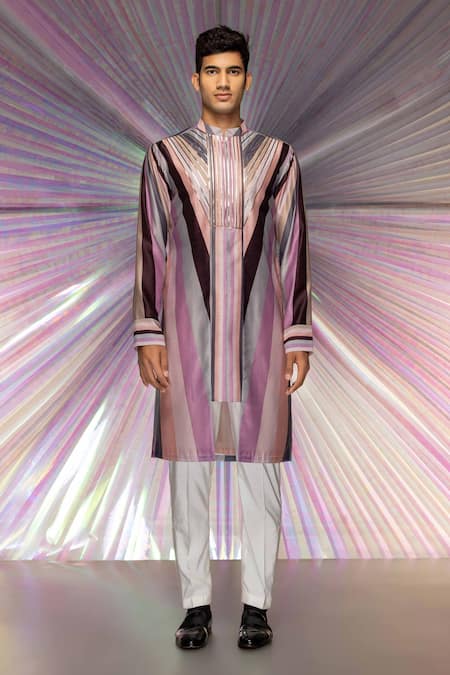 Amit Aggarwal Pink Poly Chanderi Striped Starburst Metallic Kurta 