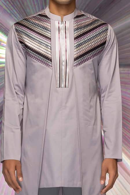 Buy_Amit Aggarwal_Purple Cotton Satin, Mesh Fabric Striped Metallic Handwoven Longline Shirt_Online_at_Aza_Fashions
