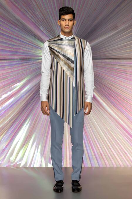 Amit Aggarwal_Grey Cotton , Crepe, Mesh Fabric Metallic Handwoven Waistcoat Set_Online_at_Aza_Fashions