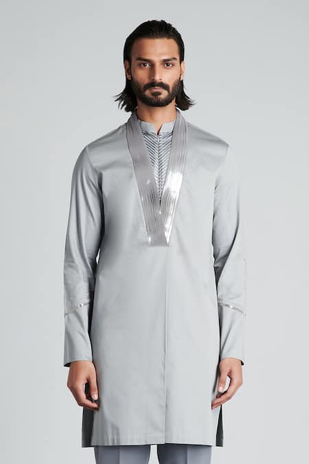 Amit Aggarwal_Grey Silk Chanderi Kurta_Online_at_Aza_Fashions