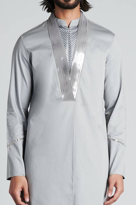 Buy_Amit Aggarwal_Grey Silk Chanderi Kurta_Online_at_Aza_Fashions