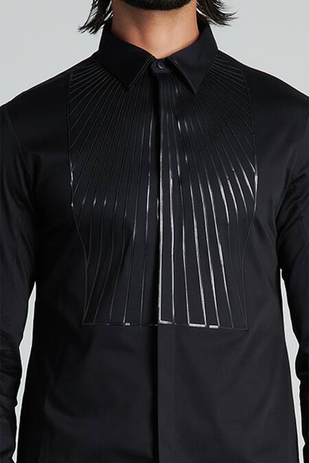 Amit Aggarwal Black Cotton Satin Metallic Longline Shirt Online at Aza Fashions Amit Aggarwal_Black Cotton Satin Metallic Longline Shirt_Online_at_Aza_Fashions