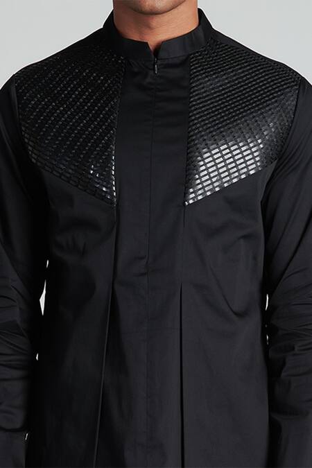 Amit Aggarwal_Black Cotton Satin Metallic Longline Shirt_Online_at_Aza_Fashions