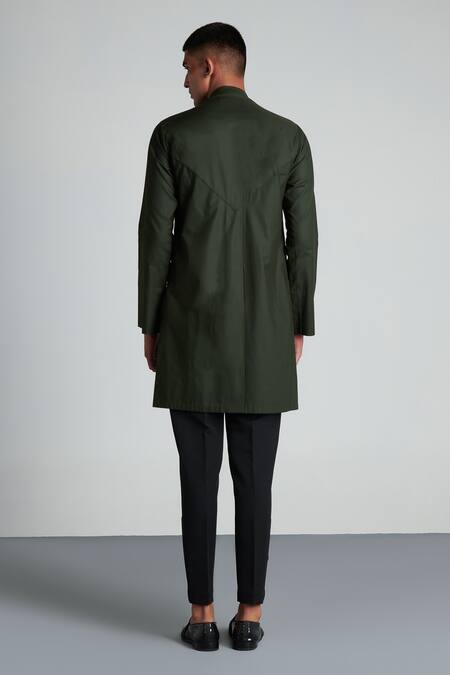 Shop Amit Aggarwal Green Cotton Satin Metallic Longline Shirt at Aza Fashions Shop_Amit Aggarwal_Green Cotton Satin Metallic Longline Shirt_at_Aza_Fashions