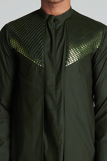 Buy Amit Aggarwal Green Cotton Satin Metallic Longline Shirt Online at Aza Fashions Buy_Amit Aggarwal_Green Cotton Satin Metallic Longline Shirt_Online_at_Aza_Fashions